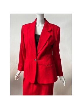 Joan Leslie Red Blazer & Skirt Suit Set 10P Petite Wool Blend Made In Guatemala